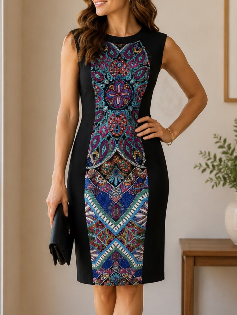 Nicole By Nicole Miller Black Sheath Dress With Patterned Panel